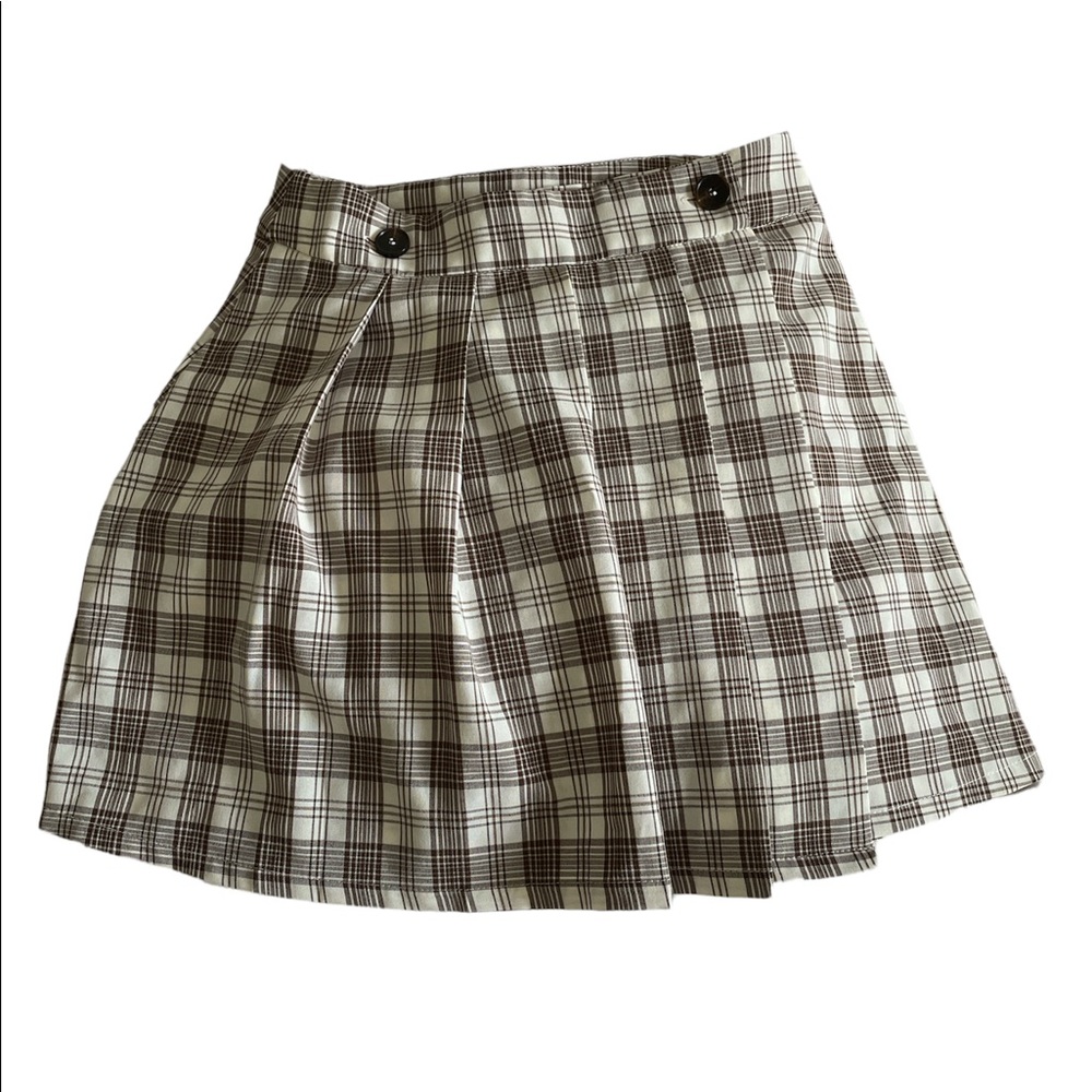 BROWN AND CRÈME PLAID HIGH WAISTED SKIRT PLEADED FRONT